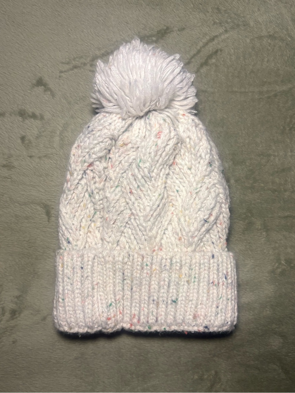 Kids White Speckled Cable Knit Pom Beanie